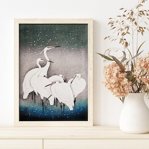 Group Of Egrets by Ohara Koson #398 Retro Prints, Blue, Grey, Art Reproduction, Fine Art Print, Retro Japanese Art