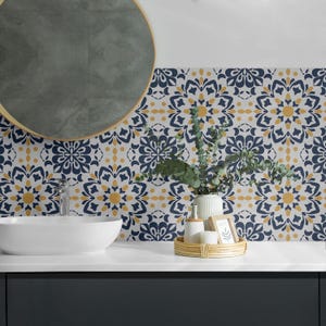 Floral Mandala Pattern PVC Wall Tiles, Yellow Tile Stickers, Peel and Stick Tiles, Texture Tile Stickers, Bathroom Tile Stickers