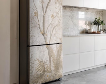 Seamless Pattern With Branches And Flowers Fridge Magnetic Decal, Beige Stylish Fridge Magnet, Modern Kitchen Decor, Refrigerator Skin
