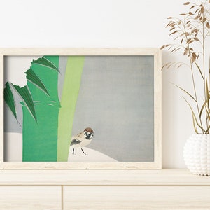Sparrow Japanese Print by Kamisaka Sekka #250 Retro Prints, Green, Grey, Retro Japanese Art, Antique Drawing Art, Poster Aesthetic