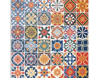 May include: A square wall art piece featuring a grid of thirty-six individual tiles. Each tile displays a unique, symmetrical floral or geometric pattern in a vibrant color palette of deep blue, mustard yellow, terracotta red, and white.