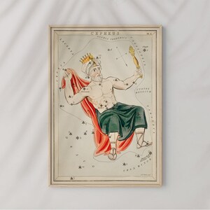 天文図イラスト ケフェウス シドニー ホール #22 天文プリント、赤、ペトロール ブルー、星座プリント、占星術ポスター