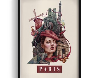 Ilustración de París enmarcada, arte mural de la ciudad de París, marco de arte de la ciudad, impresión artística de París