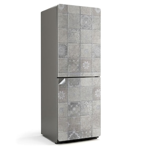 Pattern Of Decorative Tiles Refrigerator Sticker, Gray Refrigerator Decal, Dining-Room Decoration, Removable Sticker