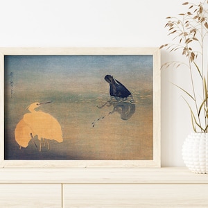 Cormorant, Fish And Herons by Utamaro Kitagawa #385 Retro Poster, Beige, Blue, Retro Japanese Art, Antique Drawing Art, Poster Aesthetic