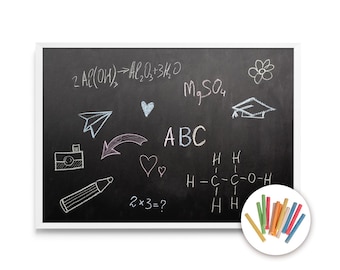 Board in a white frame for writing with chalk XXL, Wall board for kitchen and office, Colorful chalk included