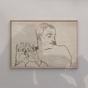 Portrait Of Arthur Roessler 1914 By Egon Schiele Original Female Line Art Drawing #580 Retro Poster, Beige, Gray, Expressionism Print