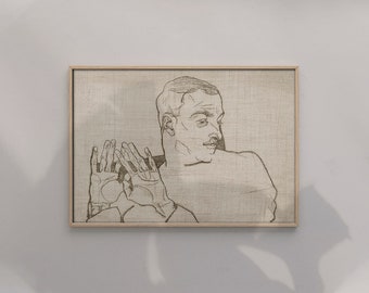Portrait Of Arthur Roessler 1914 By Egon Schiele Original Female Line Art Drawing #580 Retro Poster, Beige, Gray, Expressionism Print