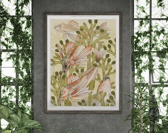 Rouget Of The Animal by Maurice Pillard Verneuil #307 Retro Prints, Green, Beige, Reproduction Art, Retro Botanical, Plants Print