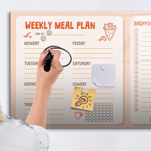 May include: A weekly meal plan and shopping list board with the text "WEEKLY MEAL PLAN" and "SHOPPING LIST". The board has sections for each day of the week and a shopping list with numbered lines. A person is drawing a circle on the board.