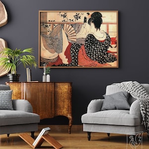 Utamakura Poem Japanese Print by Kitagawa Utamaro #427 Retro Poster, Red, Beige, Retro Japanese Art, Antique Drawing Art, Ukiyo Poster