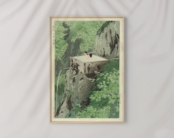 Shirahone Hot Spring Japanese Art by Shiro Kasamatsu #426 Retro Prints, Green, Beige, Art Reproduction, Ukiyo Poster, Retro Japanese Art
