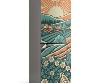 May include: A fridge with a landscape design. The top section shows a sunrise over hills, fields, and trees. The bottom section has a floral pattern with white flowers and green leaves. The colour palette includes orange, teal, and brown.