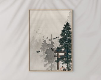 Pájaros y árboles en el bosque japonés de Ohara Koson n.° 433, póster retro, gris, negro, arte japonés retro, dibujo antiguo, póster ukiyo