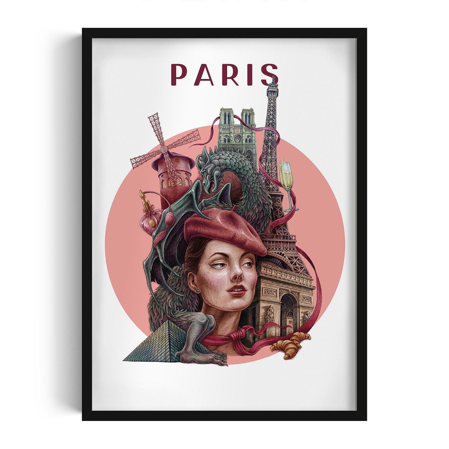 Paris Illustration in Frame, Pink Background Paris City Wall Art