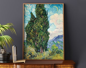 Cipreses de Vincent Van Gogh n.º 107 Cuadro famoso, reproducción de cuadro, póster retro, verde, azul, impresión de bellas artes, impresiones de museos