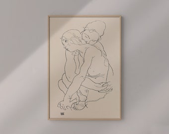 Woman And Girl Embracing From 1918 By Egon Schiele Original Female Line Art Drawing #575 Retro Poster, Beige, Gray, Body Art, Painting