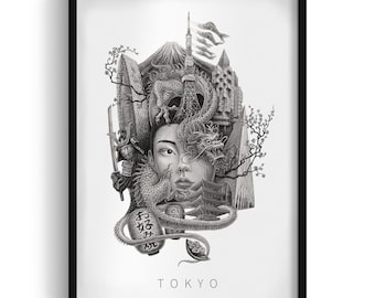 東京イラストフレーム、白黒東京シティウォールアート、シティアート