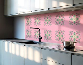 Floral Leaves PVC Wall Tiles, Pink Tile Stickers, Peel and Stick Tiles, Floral Tile Stickers, Bathroom Tile Stickers