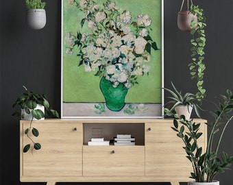 Roses by Vincent Van Gogh #67 Famous Painting, Painting Reproduction, Floral Prints, Green, White, Botanical Prints, Retro Flowery