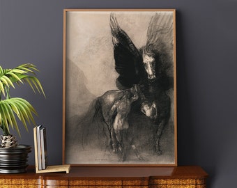 Pegaso y Belerofonte Odilon Redon #139 Cuadro famoso, Reproducción de cuadro, Póster retro, Gris, Negro, Cuadro antiguo, Póster retro