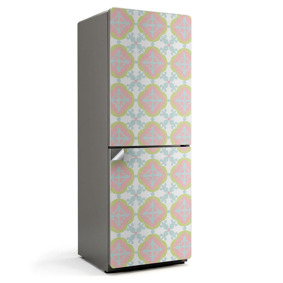 Patterned Refrigerator Pattern With Floral Motifs Refrigerator Sticker, Pink Refrigerator ...