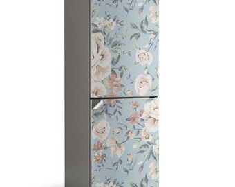 Delicate Floral Pattern Refrigerator Decal, Blue Fridge Wrap Sticker, Housewarming Gift, Kitchen Stickers