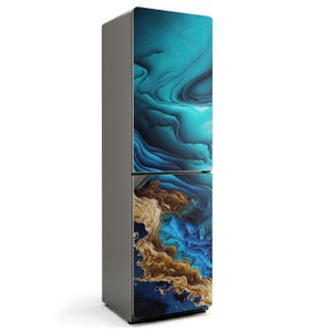 May include: A tall, gray refrigerator with a vibrant, abstract design. The upper section features swirling shades of blue and teal, while the lower section showcases a blend of blue and gold tones, creating a dynamic, artistic look.