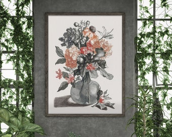 Flores en un jarrón de Johan Teyler n.° 61 Pintura famosa, Reproducción de pintura, Estampados florales, Azul marino, Rubor, Estampados botánicos, Retro floral