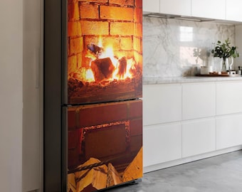 Bonfire In The Fireplace Fridge Magnetic Decal, Orange Aesthetic Fridge Magnet, Modern Kitchen Decor, Refrigerator Skin