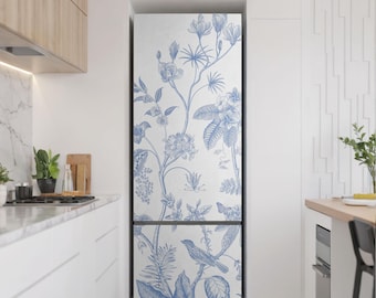 Floral Illustration With Birds Refrigerator Decal, Blue Fridge Wrap Sticker, Fridge Decor, Kitchen Decoration