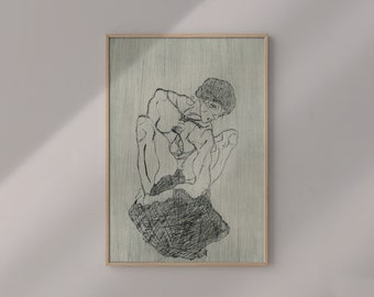 Das Graphische Werk Von Egon Schiele 1917 By Egon Schiele Original Female Line Art Drawing #542 Retro Poster, Beige, Gray, Nudity Painting