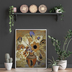 Vase With Flowers by Odilon Redon #77 Famous Painting, Painting Reproduction, Floral Prints, Brown, Beige, Retro Oil Painting, Flowers Art