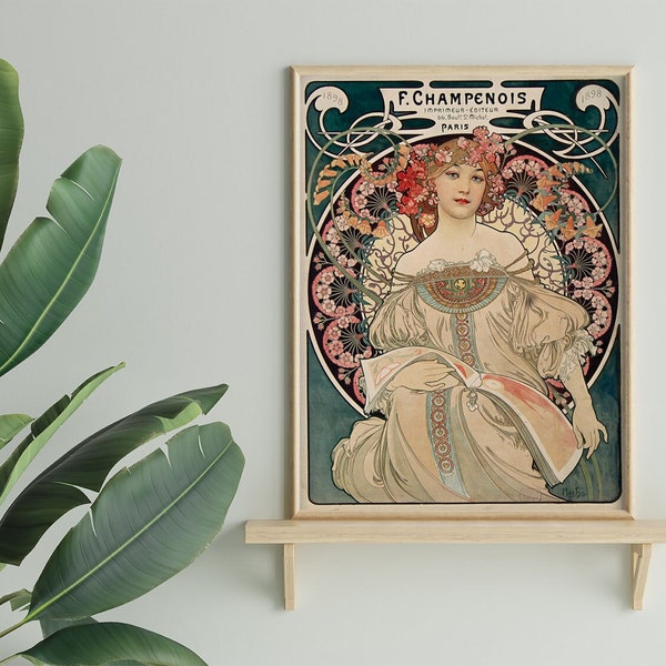 Poster Reverie d'Alphonse Mucha n° 101, peinture célèbre, reproduction de tableau, affiche rétro, vert, rouge, impression d'art, impressions de musée