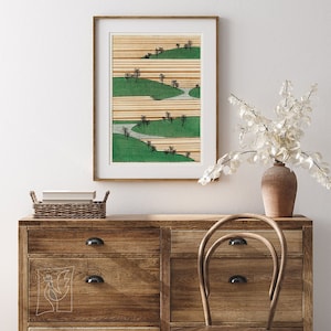 Landscape Illustration by Watanabe Seitei #217 Retro Poster, Green, Beige, Famous Art Print, Retro Illustration, Woodblock Print