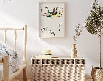 May include: A framed print of a colorful bird with a long tail, surrounded by smaller birds. The print is hanging on a white wall above a wicker storage trunk.