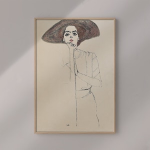 Portrait Of A Woman 1910 By Egon Schiele Original Female Line Art Drawing #560 Retro Poster, Beige, Gray, Expressionism Print, Body Art