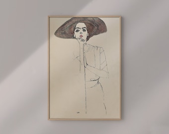 Portrait Of A Woman 1910 By Egon Schiele Original Female Line Art Drawing #560 Retro Poster, Beige, Gray, Expressionism Print, Body Art