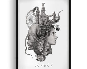 London Illustration in Frame, Black and White London City Wall Art, City Art Frame, London Framed Art
