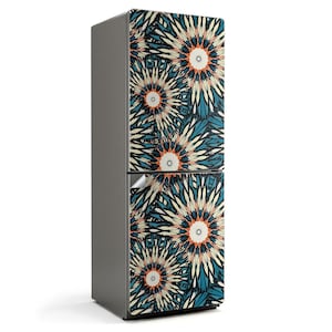 Floral Pattern With Rays Refrigerator Wrap, Turquoise Fridge Sticker, Fridge Decor, Kitchen Decoration