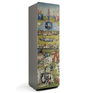 May include: A gray refrigerator with a full-size, custom-printed wrap featuring a detail from Hieronymus Bosch's triptych, "The Garden of Earthly Delights." The artwork depicts a surreal landscape with numerous figures and fantastical elements in a vibrant color palette.