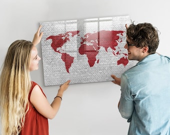 Carte du monde murale en briques, tableau magnétique, tracker de voyage, carte de voyage rouge, carte des lieux visités tracker de voyage, marqueur effaçable