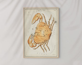 Karte Illustration Sternzeichen Krebs Sidney Hall #28 Astrologie Print, Beige, Hellorange, Konstellationsdruck, Astrologie Poster