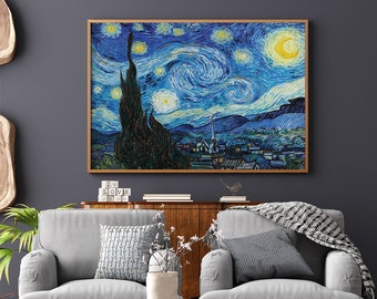 La stampa della Notte Stellata di Vincent Van Gogh #117 Dipinto famoso, Riproduzione di dipinti, Poster retrò, Blu, Giallo, Dipinto a olio retrò