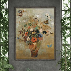Still Life Flowers Odilon Redon #74 Reproduction Prints, Masterpiece Classic, Floral Prints, Beige, Brown, Retro Oil Painting, Flowers Art