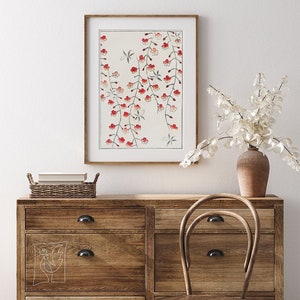 Cherry Blossom Illustration by Watanabe Seitei #218 Retro Prints, White, Red, Antique Drawing Art, Retro Sketch Art, Fine Art Print