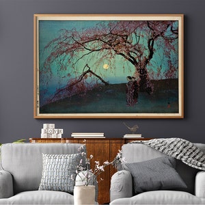 Japanese Art Print Cherry Trees Yoshida Hiroshi #432 Retro Prints, Turquoise, Green, Art Reproduction, Ukiyo Poster, Retro Japanese Art