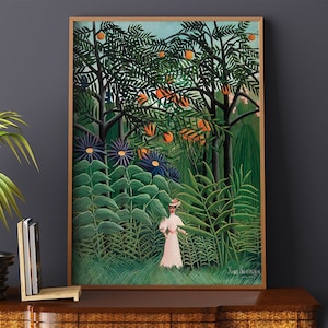 Woman Walking In An Exotic Forest by Henri Rousseau #263 Retro Poster, Green, Orange, Poster Aesthetic, Painting Print, Retro Botanical
