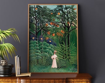 Mujer caminando en un bosque exótico de Henri Rousseau #263 Póster retro, verde, naranja, estética de póster, impresión de pintura, botánico retro