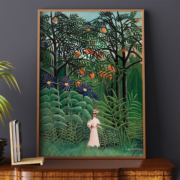 Affiche rétro #263 Femme marchant dans une forêt exotique par Henri Rousseau, vert, orange, affiche esthétique, peinture imprimée, botanique rétro